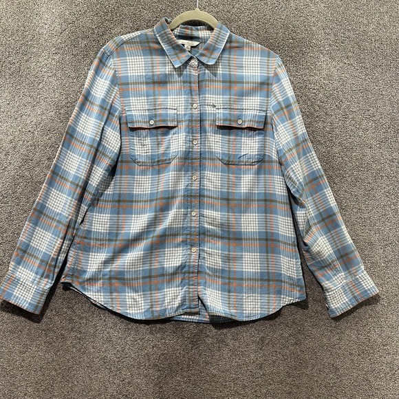 LL Bean Bean Signature Camp Flannel Shirt Top 12 Blue Plaid‎ Relaxed Long Sleeve - Picture 1 of 14